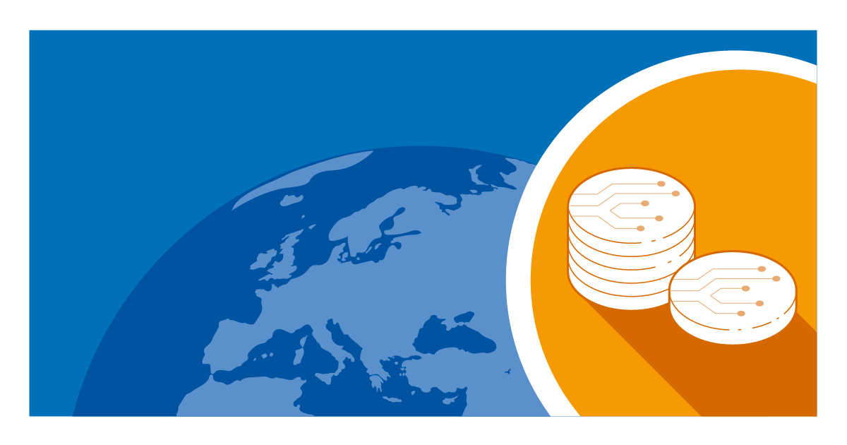 Illustration with two piles of coins. On the coins is a graphic symbol that looks like a circuit board. Globe in the background.