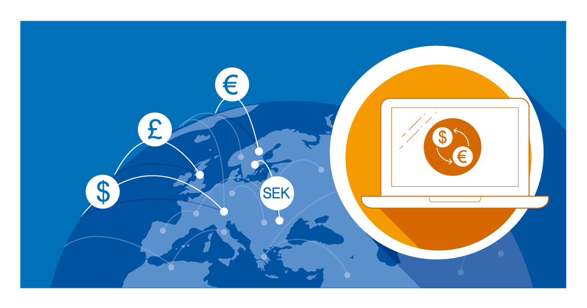 Globe with arrows to symbolize transactions, texts with the currencies Euro, pound, dollar and Swedish kronor. A symbol shows a computer with a transaction between Euro and Swedish kronor.