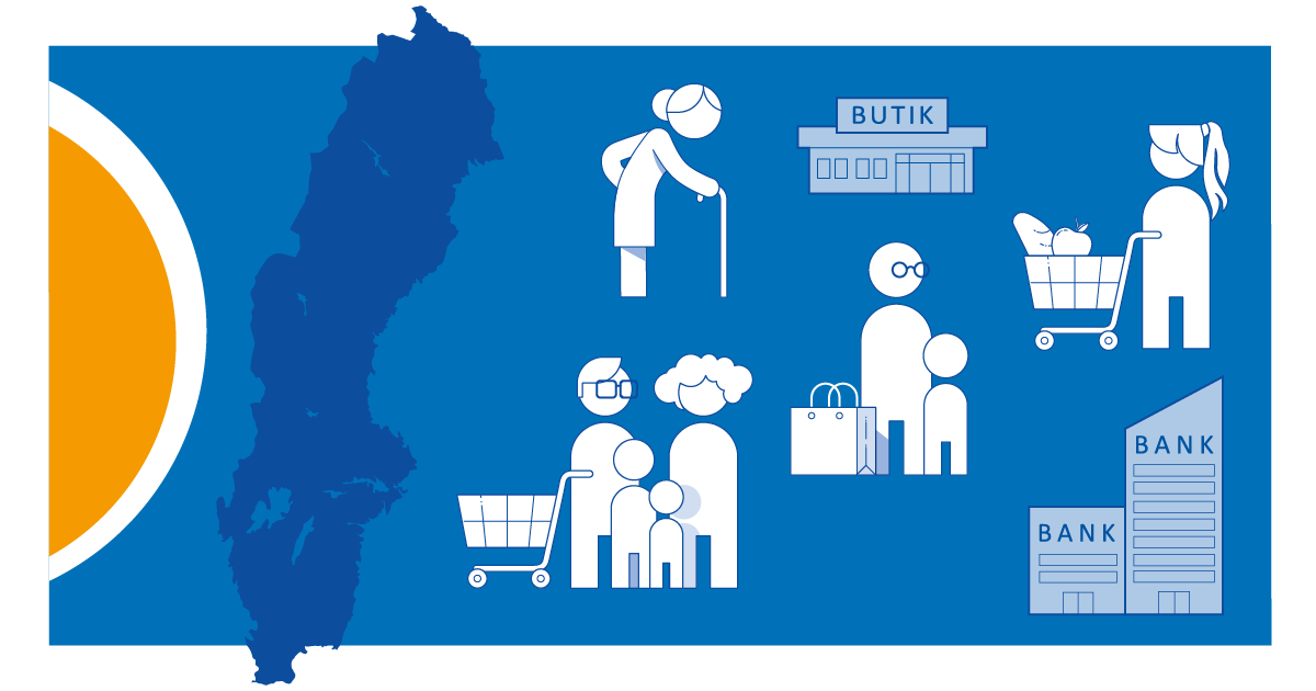 Illustration med en Sverigekarta. Bredvid den finns en butik och två bankbyggnader. Intill byggnaderna finns människor, en äldre kvinna med käpp, en ung kvinna med kundvagn, en vuxen och ett barn med en shoppingpåse och en barnfamilj med kundvagn.