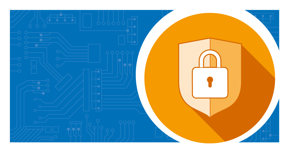 Shield with padlock. Circuit board in the background.