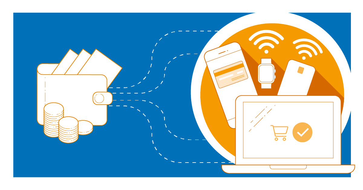 A wallet with cash. Dashes from it lead to an orange circle with digital payment methods: mobile phone, watch, payment card and a computer.